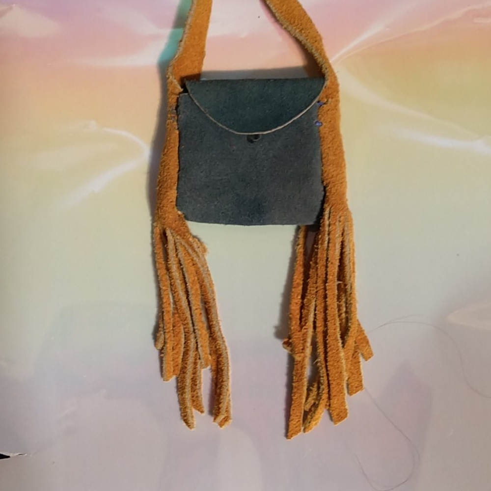 Tiny Blue & Tan Leather Fringe (Coin/Medicine) Bag